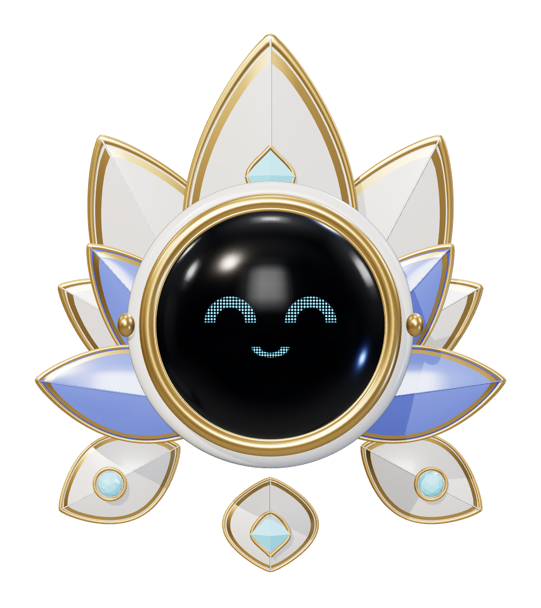 The Lotus, Brand Wisdom's mascot: a white and gold lotus with four blue petals around a round black face that is smiling.