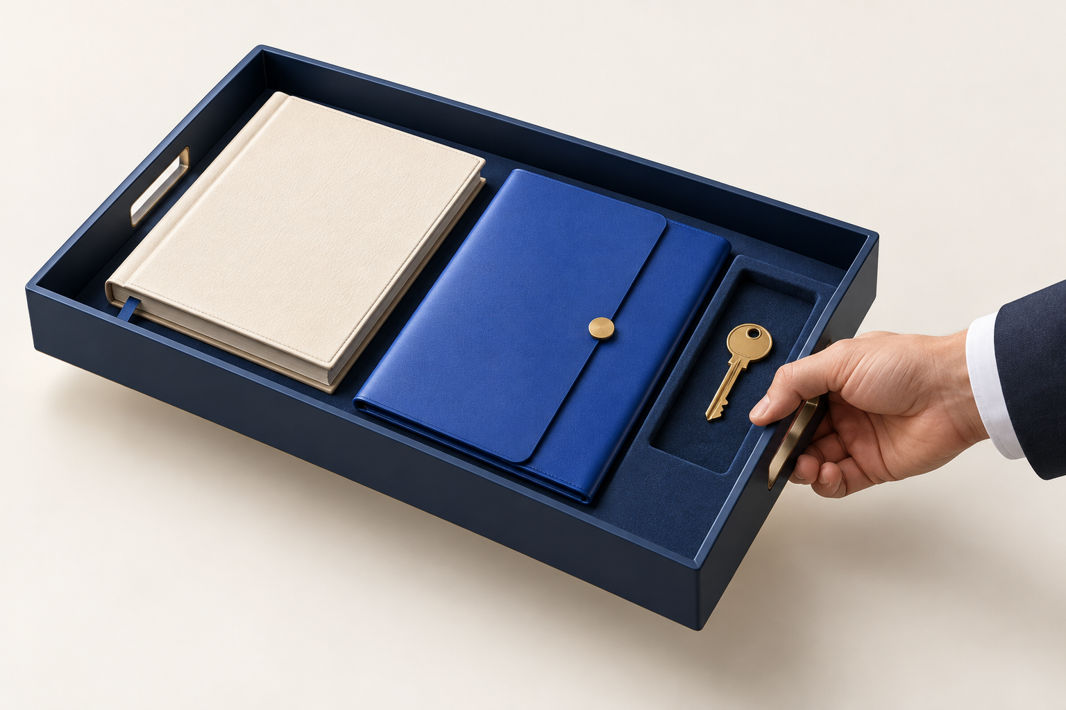 An operating manual, project folio and key handed to an owner